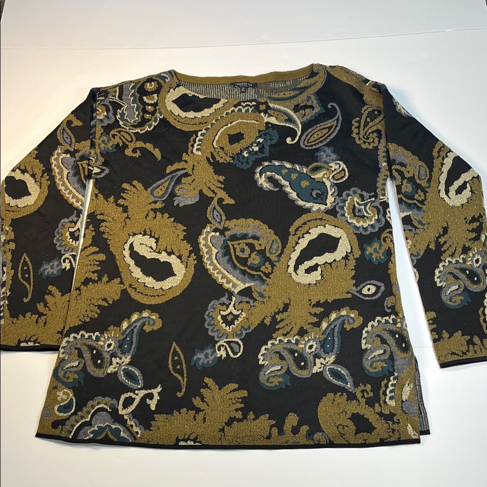 Lafayette 148 New York Wool Sweater in Olive, Black and Gray and Shimmer Sz M